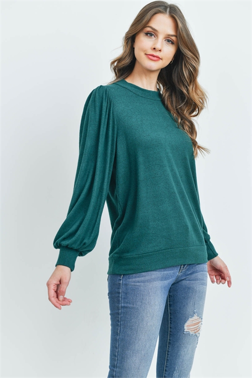 S12-2-3-PPT21143-HTGN - CREW NECK PUFF SLEEVE TOP- HUNTER GREEN 1-2-2-2 (NOW $6.75 ONLY!)