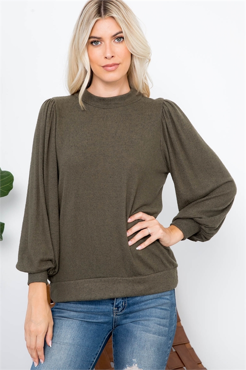 S12-1-1-PPT21143-OV - CREW NECK PUFF SLEEVE TOP- OLIVE 1-2-2-2 (NOW $6.75 ONLY!)