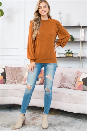 S11-13-4-PPT21143-RU-1 - CREW NECK PUFF SLEEVE TOP- RUST 0-1-1-2