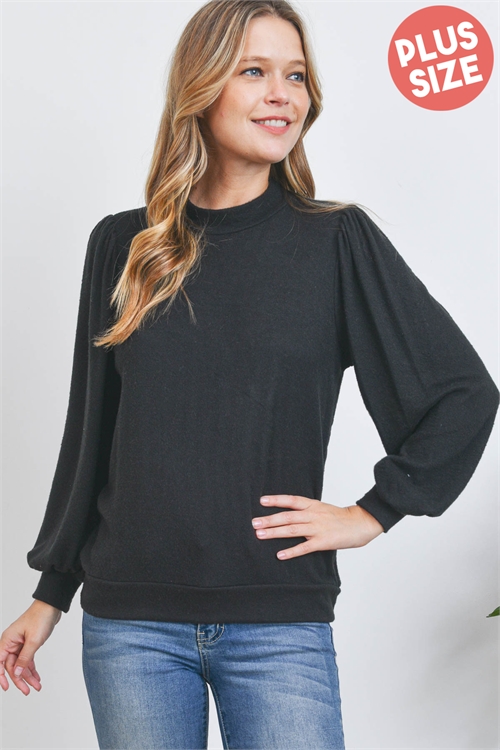 S4-7-1-PPT21143X-BK - PLUS SIZE CREW NECK PUFF SLEEVE TOP- BLACK 3-2-1