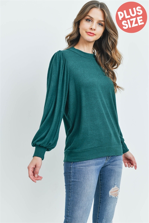 S16-10-1-PPT21143X-HTGN-1 - PLUS SIZE CREW NECK PUFF SLEEVE TOP- HUNTER GREEN 2-1-2