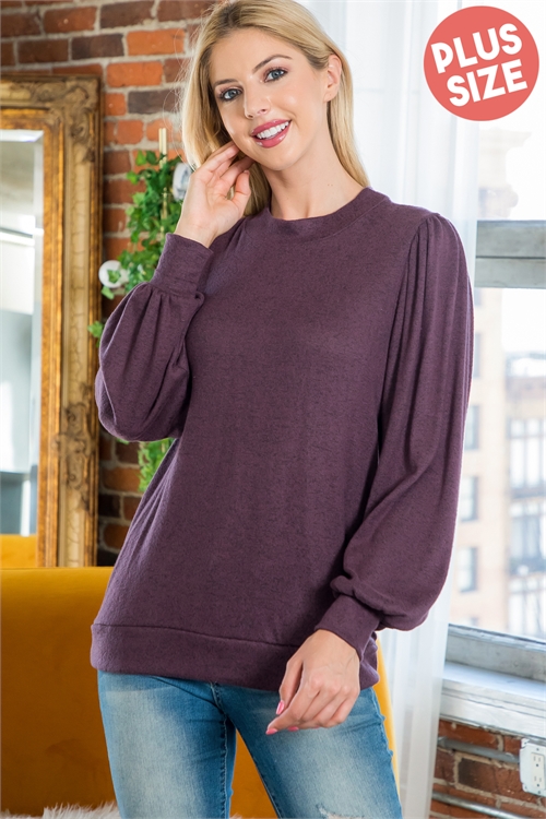 SA4-000-1-PPT21143X-MVDKBK - PLUS SIZE CREW NECK PUFF SLEEVE TOP- MAUVE DARK/BLACK 3-2-1