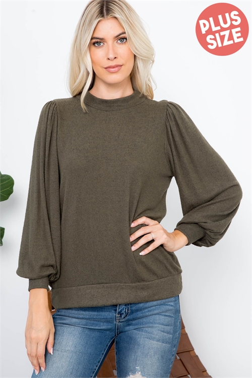 S4-9-1-PPT21143X-OV - PLUS SIZE CREW NECK PUFF SLEEVE TOP- OLIVE 3-2-1 (NOW $7.75 ONLY!)