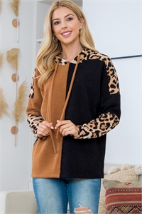 S13-1-4-PPT21144-BKMUTP - LEOPARD SLEEVES TWO TONED CONTRAST HOODIE- BLACK-MUSTARD-TAUPE 1-2-2-2