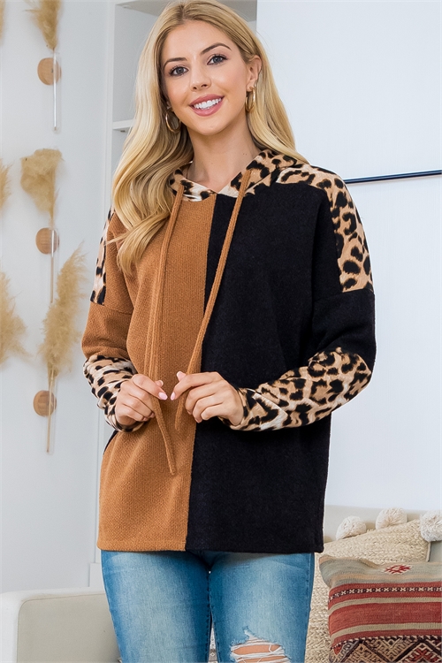 S15-6-2-PPT21144-BKMUTP - LEOPARD SLEEVES TWO TONED CONTRAST HOODIE- BLACK-MUSTARD-TAUPE 1-2-2-2