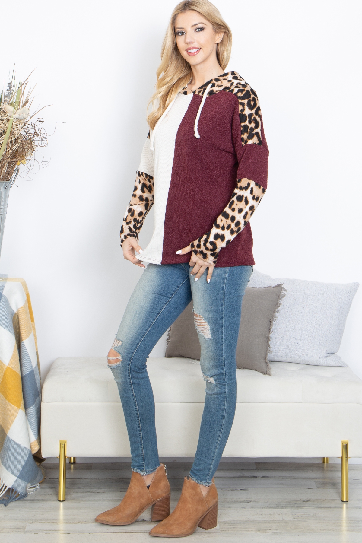 S14-12-1-PPT21144-BUIVTP - LEOPARD SLEEVES TWO TONED CONTRAST HOODIE- BURGUNDY-IVORY-TAUPE 1-2-2-2