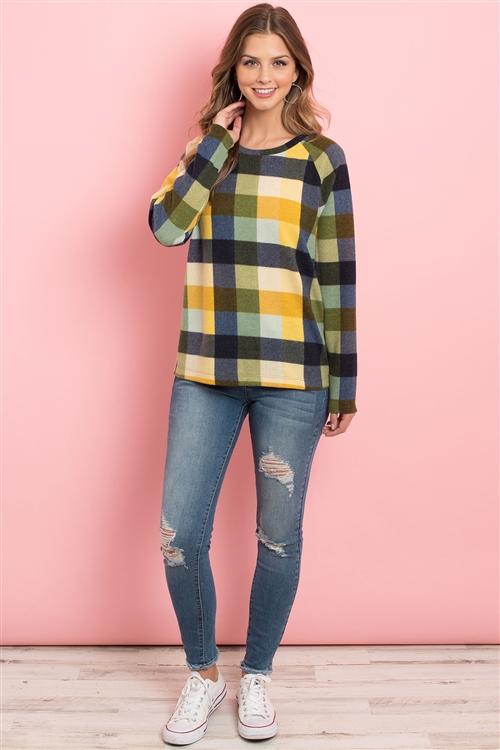 S9-7-2-PPT2115-MU - BRUSHED PLAID LONG SLEEVE TOP- MUSTARD 1-2-2-2