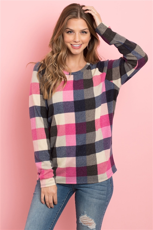 S9-7-3-PPT2115-PK - BRUSHED PLAID LONG SLEEVE TOP- PINK 1-2-2-2