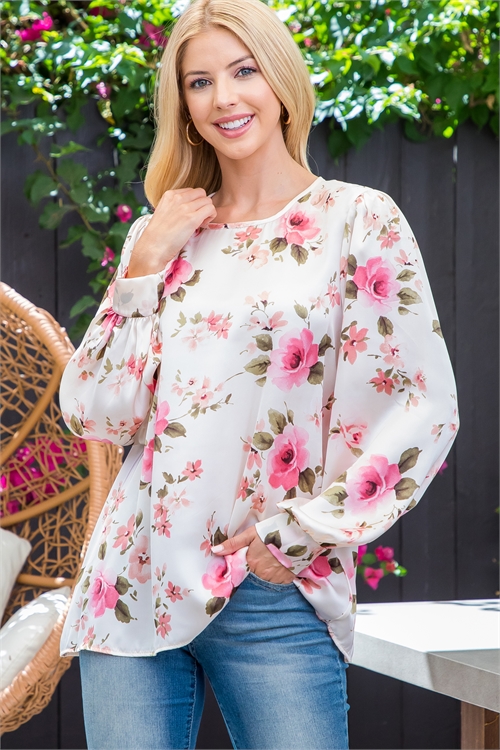 S10-13-3-PPT21152-CRM-1 - PUFF SLEEVE FLORAL ROUND NECK TOP- CREAM 0-0-1-3