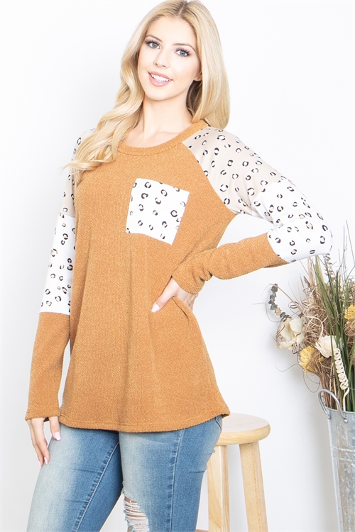 S4-10-4-PPT21154-DKMUIVTP-1 - ANIMAL PRINT CONTRAST LONG SLEEVE POCKET TOP- DARK MUSTARD-IVORY-TAUPE 0-2-2-1 (NOW $8.75 ONLY!)