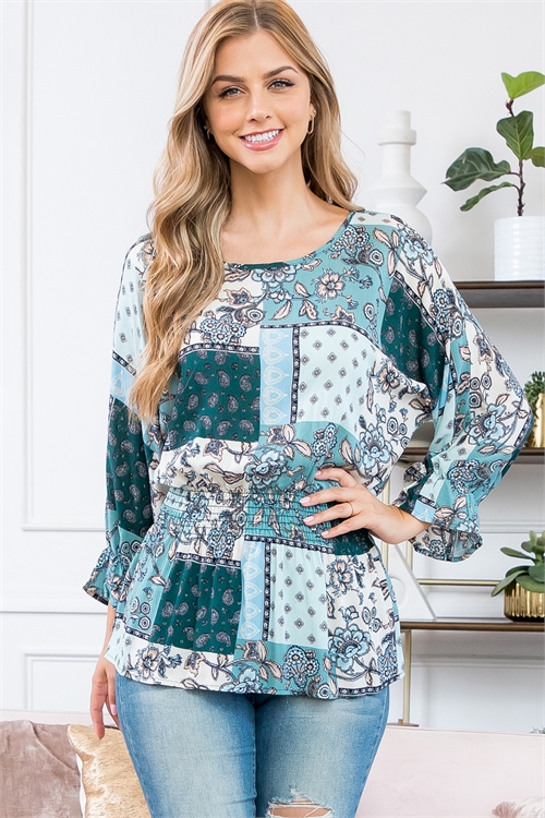 S9-9-4-PPT21159-TLMNT - FLORAL DOLMAN RUFFLE SLEEVE SMOCK WAIST TOP- TEAL/MINT 1-2-2-2