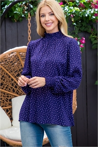 S4-10-3-PPT21161-NV - SMOCK NECKLINE LONG SLEEVE FLORAL TOP- NAVY 1-2-2-2  (NOW $7.75 ONLY!)