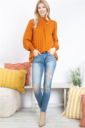 S4-10-2-PPT21161-RU-1 - SMOCK NECKLINE LONG SLEEVE FLORAL TOP- RUST 1-3-0-0