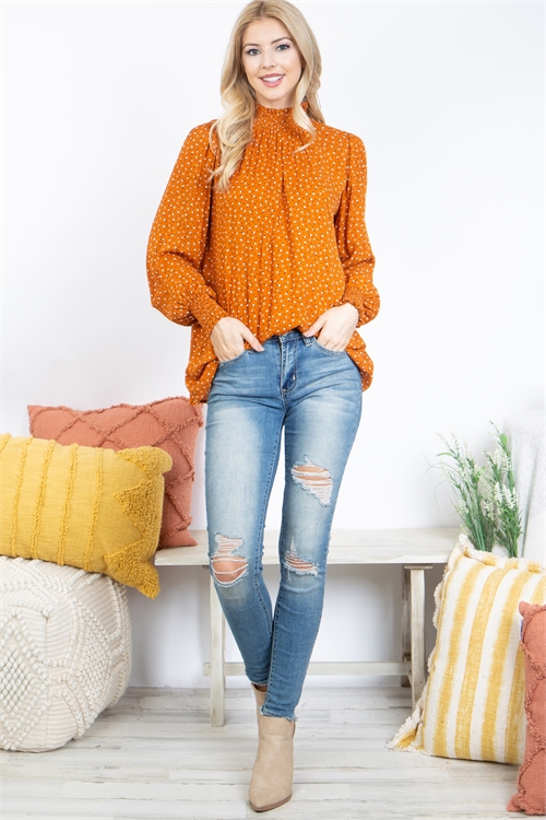 S4-10-2-PPT21161-RU-1 - SMOCK NECKLINE LONG SLEEVE FLORAL TOP- RUST 1-3-0-0