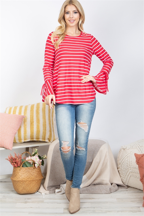 S14-3-3-PPT21163-CRLIV - STRIPE BELL SLEEVE ROUND NECK TOP- CORAL/IVORY 1-2-2-2 (NOW $5.75 ONLY!)