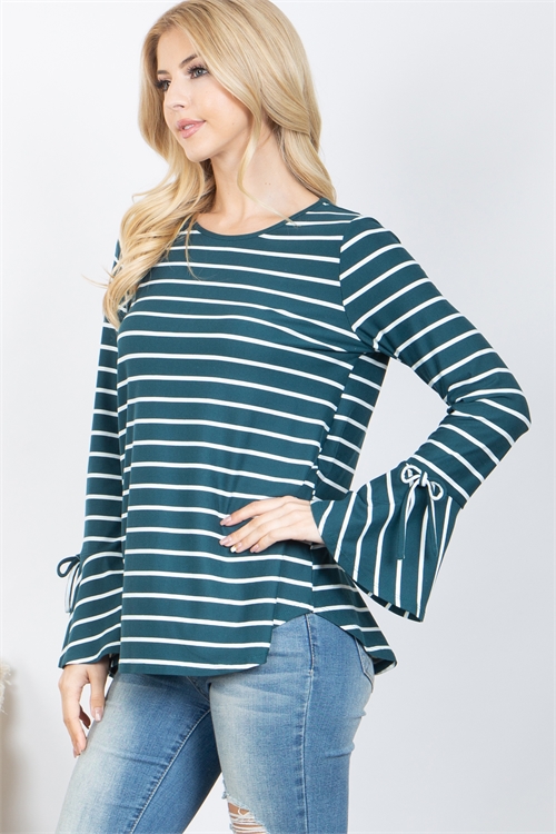 S14-1-2-PPT21163-HNTRIV - STRIPE BELL SLEEVE ROUND NECK TOP- HUNTER/IVORY 1-2-2-2 (NOW $5.75 ONLY!)