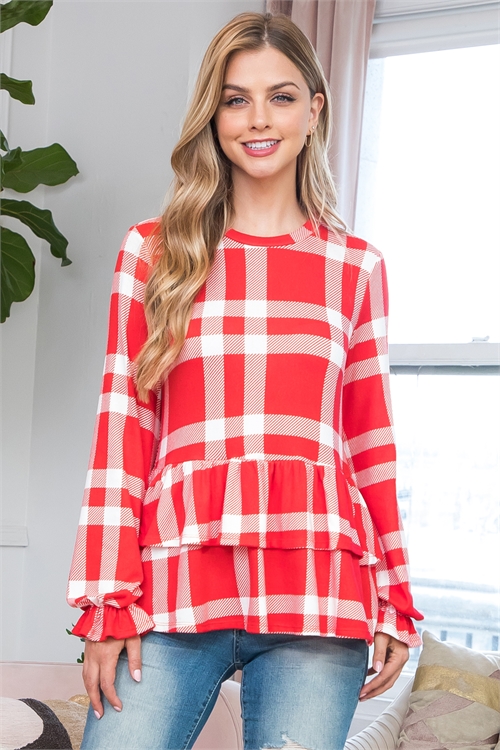 S10-7-1-PPT21168-RDOFW - PLAID PUFF SLEEVE RUFFLE HEM TOP- RED/OFF WHITE 1-2-2-2 (NOW $8.75 ONLY!)