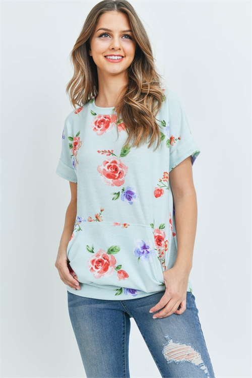 C80-A-1-PPT2116SS-MNT-2 - FLORAL SHORT SLEEVES TOP WITH KANGAROO POCKET- MINT 0-2-3-2