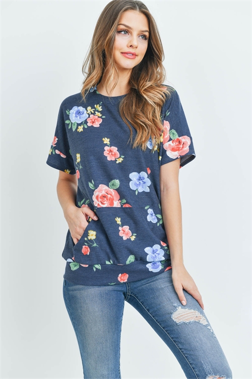 C76-A-2-PPT2116SS-NV - FLORAL SHORT SLEEVES TOP WITH KANGAROO POCKET- NAVY 1-2-2-2