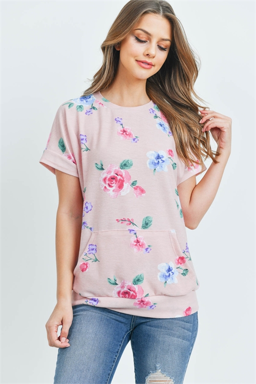 C80-A-1-PPT2116SS-PK-2 - FLORAL SHORT SLEEVES TOP WITH KANGAROO POCKET- PINK 1-1-2-2