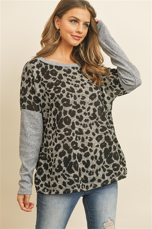 S8-3-4-PPT2117-HG - HACCI BRUSED CONTRAST SLEEVES BOAT NECK LEOPARD TOP- HEATHER GREY 1-2-2-2