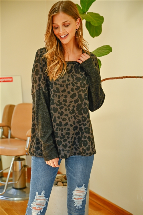 S9-5-3-PPT2117-MCCHL - HACCI BRUSED CONTRAST SLEEVES BOAT NECK LEOPARD TOP- MOCHA/CHARCOAL 1-2-2-2