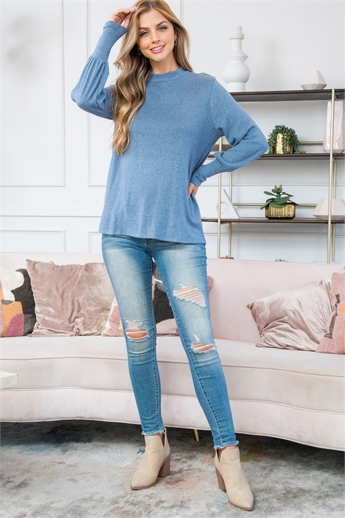 S11-10-4-PPT21174-DSTBL-1 - PUFF SLEEVE MOCK NECK TOP- DUSTY BLUE 0-1-2-2