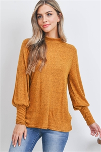 S6-2-3-PPT21174-MU - PUFF SLEEVE MOCK NECK TOP- MUSTARD 1-2-2-2