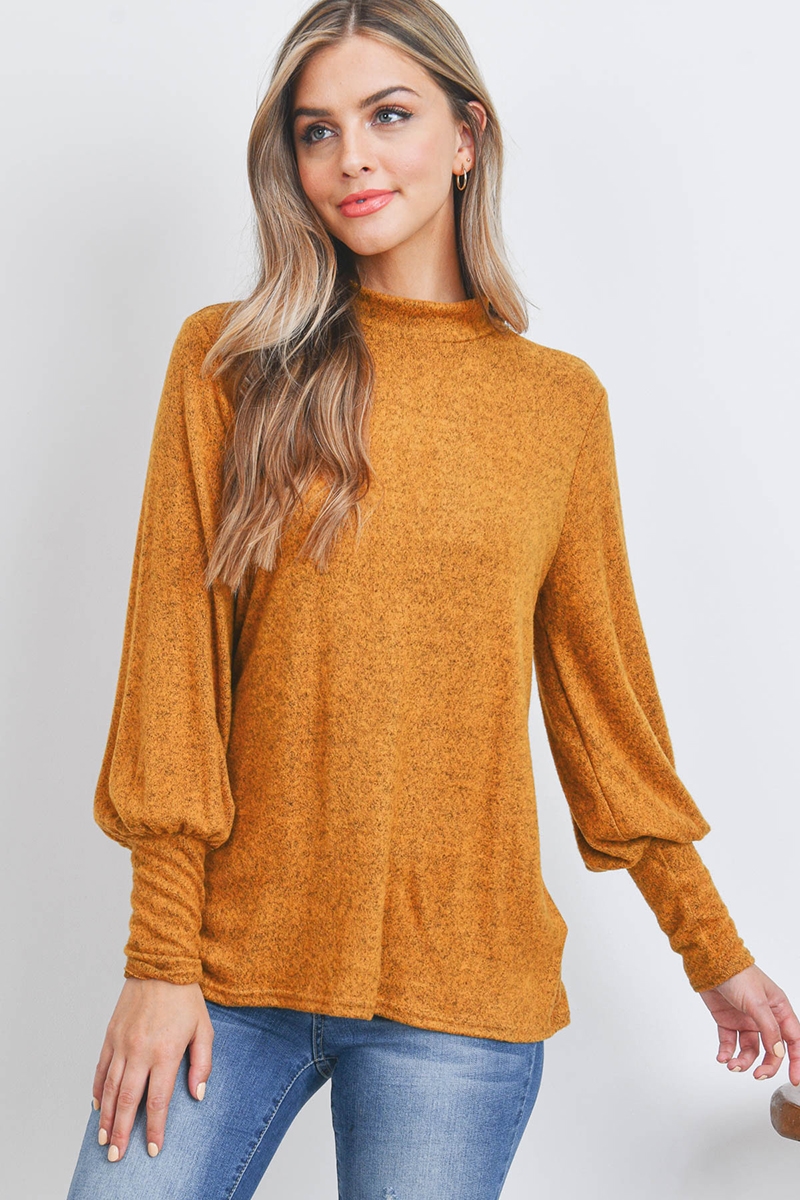 S6-2-3-PPT21174-MU - PUFF SLEEVE MOCK NECK TOP- MUSTARD 1-2-2-2