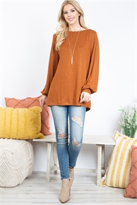 S4-8-2-PPT21175-RU - PUFF SLEEVED BOAT NECK BRUSHED HACCI TOP- RUST 1-2-2-2