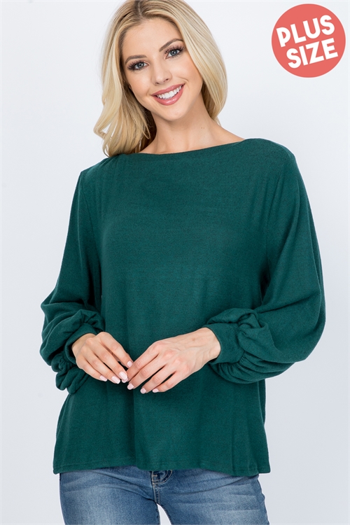 S10-9-1-PPT21175X-HTGN - PLUS SIZE PUFF SLEEVED BOAT NECK BRUSHED HACCI TOP- HUNTER GREEN 3-2-1