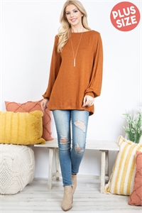 S10-10-1-PPT21175X-RU - PLUS SIZE PUFF SLEEVED BOAT NECK BRUSHED HACCI TOP- RUST 3-2-1