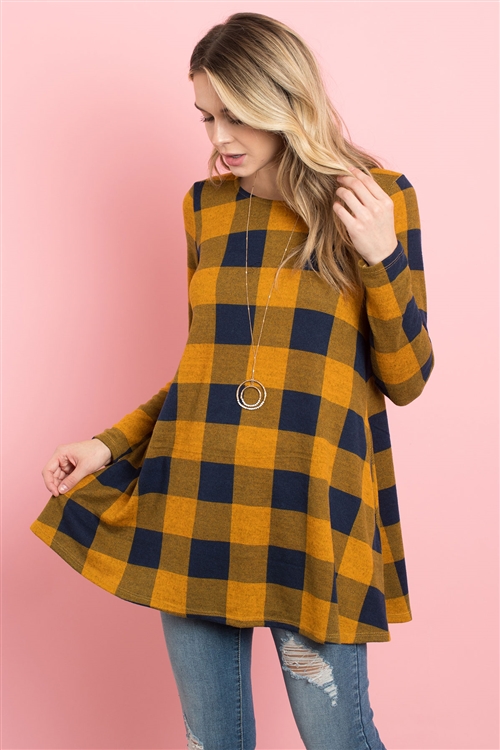 S13-8-4-PPT2118-MUNV - PLAID LONG SLEEVES A-LINE TOP- MUSTARD/NAVY 1-2-2-2