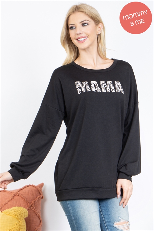 S9-1-2-PPT21189-BK - LEOPARD "MAMA" PRINTED PULLOVER TOP- BLACK 1-2-2-2 (NOW $7.75 ONLY!)