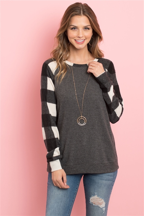 S9-1-1-PPT2119-BKIVCHL - PLAID NECKBAND AND SLEEVES SOLID WAFFLE TOP- BLACK IVORY/CHARCOAL 1-2-2-2