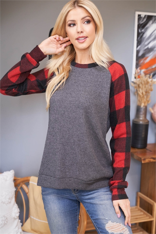 S9-1-1-PPT2119-BKRDCHL - PLAID NECKBAND AND SLEEVES SOLID WAFFLE TOP- BLACK RED/CHARCOAL 1-2-2-2