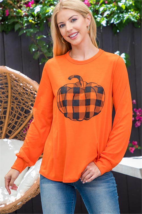 S10-10-4-PPT21190-TNGR - PLAID PUMPKIN PRINT LONG SLEEVE TOP- TANGERINE 1-2-2-2