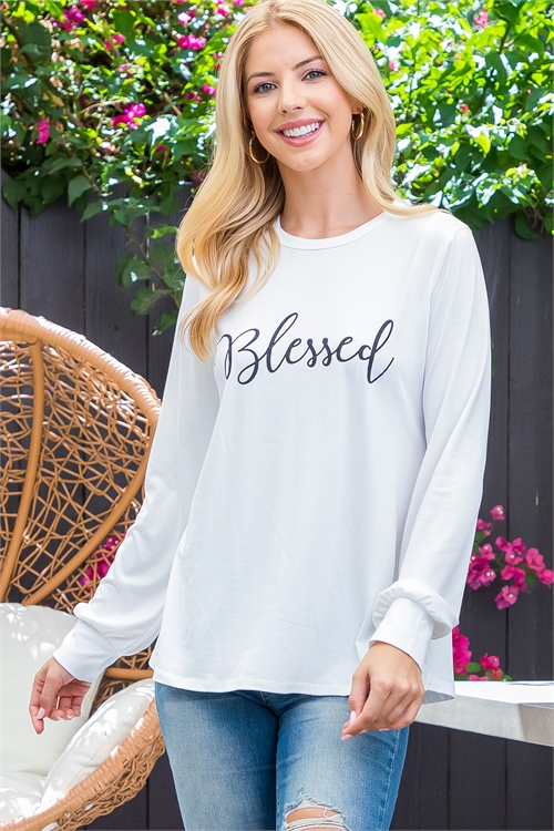 S14-9-3-PPT21192-IV - LONG SLEEVE "BLESSED" PRINT TOP- IVORY 1-2-2-2