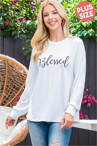 S16-2-2-PPT21192X-IV - PLUS SIZE LONG SLEEVE "BLESSED" PRINT TOP- IVORY 3-2-1