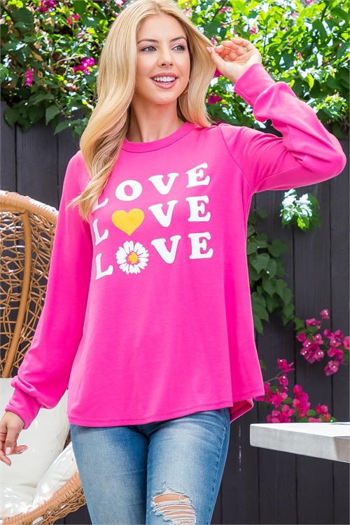 S10-13-2-PPT21193-FCH - LONG SLEEVE "LOVE" PRINTED TOP- FUCHSIA 1-2-2-2