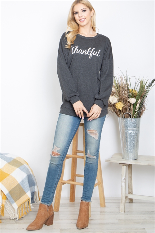 S13-6-2-PPT21196-CHL - "THANKFUL" PRINTED ROUND NECK PULLOVER TOP- CHARCOAL 1-2-2-2