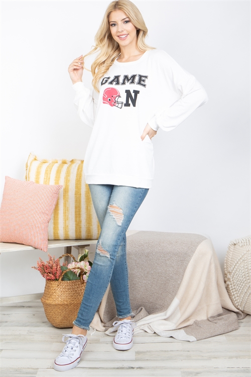 S10-12-2-PPT21198-IV - "GAME ON" PRINTED ROUND NECK PULLOVER TOP- IVORY 1-2-2-2 (NOW $6.75 ONLY!)
