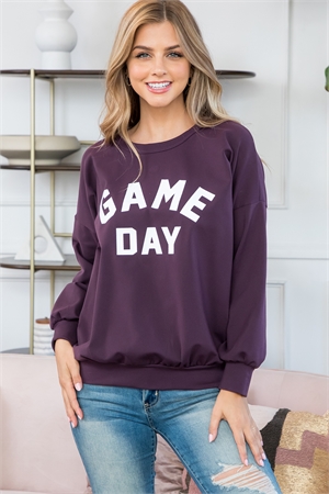 S9-10-2-PPT21199-PLM - "GAME DAY" PRINTED ROUND NECK PULLOVER TOP- PLUM 1-2-2-2