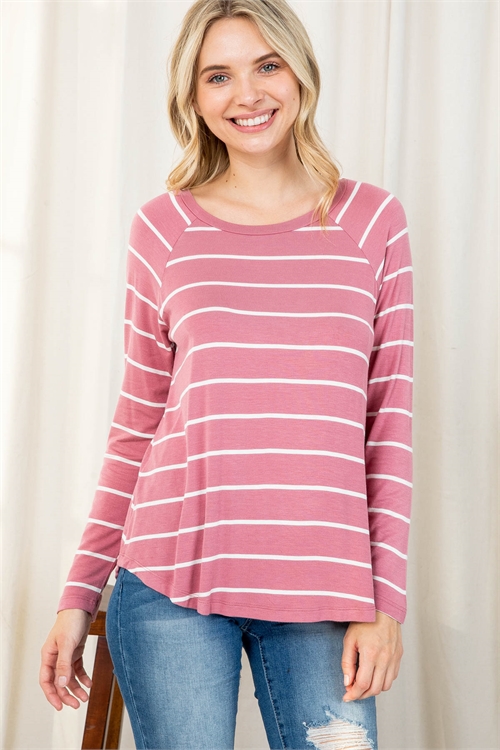 S12-5-4-PPT2122-MVIV-1 - STRIPES LONG SLEEVES ROUND HEM TOP- MAUVE-IVORY 1-0-1-2