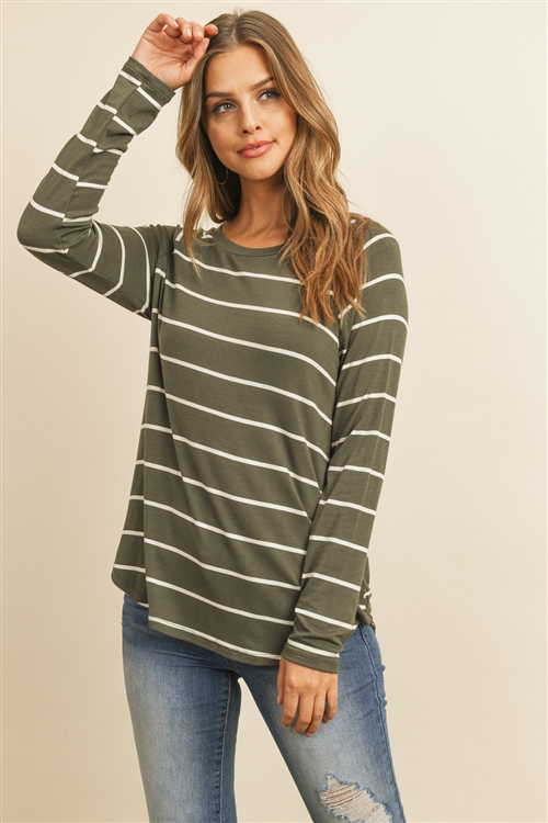 S10-20-3-PPT2122-OVIV - STRIPES LONG SLEEVES ROUND HEM TOP- OLIVE/IVORY 1-2-2-2