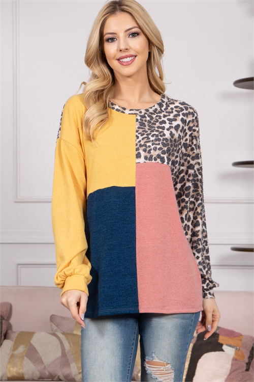 S8-9-2-PPT21220-LTBWN - COLOR BLOCK LONG SLEEVE LEOPARD TOP- LIGHT BROWN-LIGHT MUSTARD-DUSTY PINK 1-2-2-2