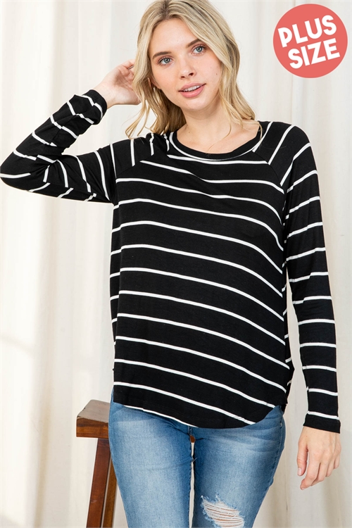 S6-7-1-PPT2122X-BKIV - PLUS SIZE STRIPES LONG SLEEVES ROUND HEM TOP- BLACK/IVORY 3-2-1