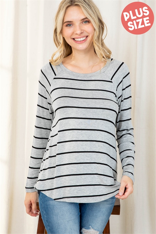 SA4-4-2-PPT2122X-HGBK - PLUS SIZE STRIPES LONG SLEEVES ROUND HEM TOP- HEATHER GREY/BLACK 3-2-1