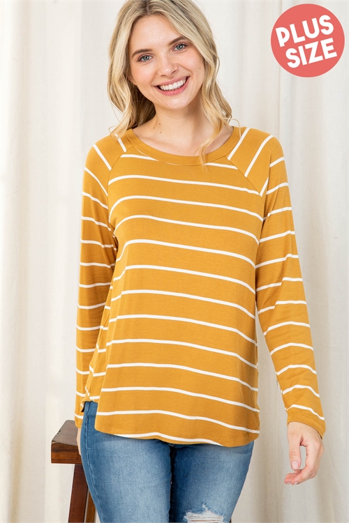 S9-2-4-PPT2122X-MUIV - PLUS SIZE STRIPES LONG SLEEVES ROUND HEM TOP- MUSTARD/IVORY 3-2-1