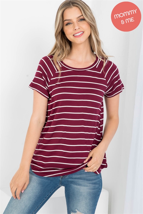 S11-5-1-PPT2123 -BUIV - BOAT NECK ROUND HEM TUNIC STRIPES TOP- BURGUNDY/IVORY 1-2-2-2